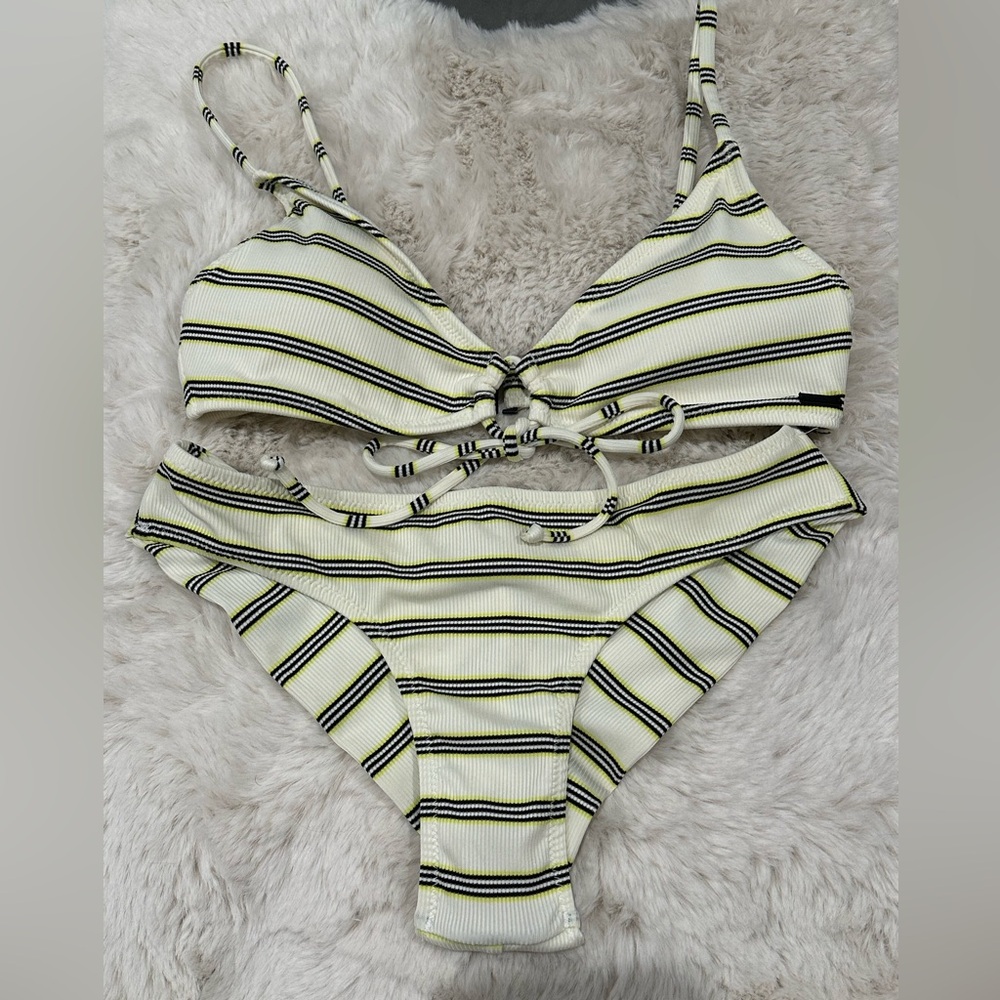 Volcom Striped Bikini in Black White Yellow XS